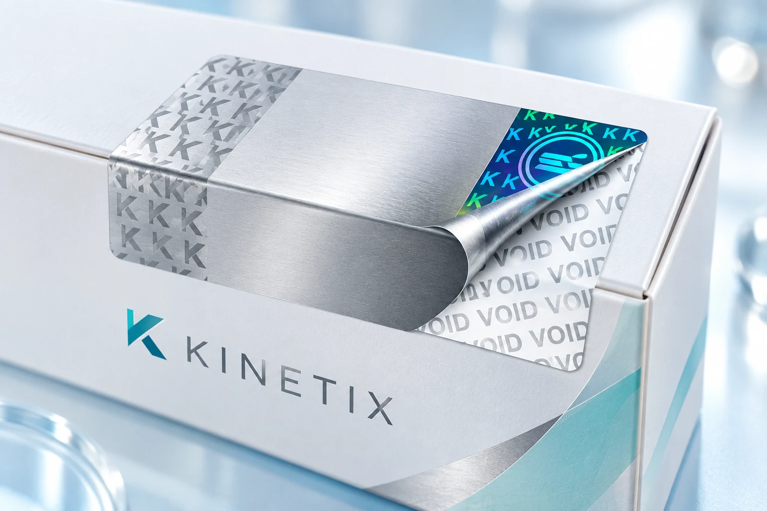 Illustration of a tamper-evident seal on Kinetix packaging