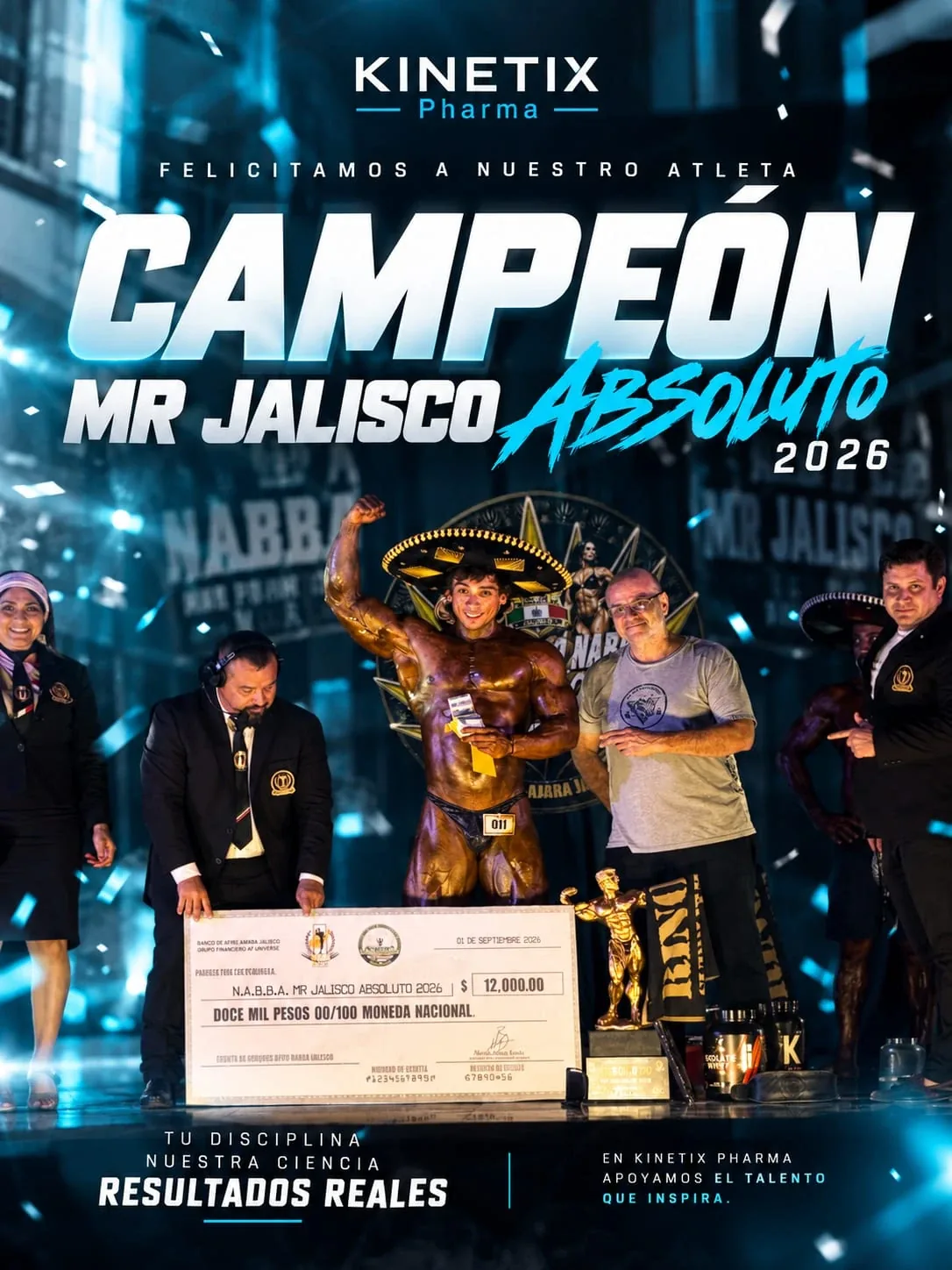 Kinetix Pharma · We congratulate our athlete · Mr Jalisco Absoluto 2026 Champion · Your discipline, our science, real results · At Kinetix Pharma we support talent that inspires