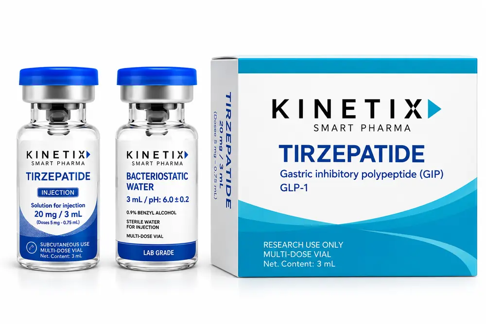 Kinetix Smart Pharma Tirzepatide 20 mg / 3 mL box with its vial and bacteriostatic water